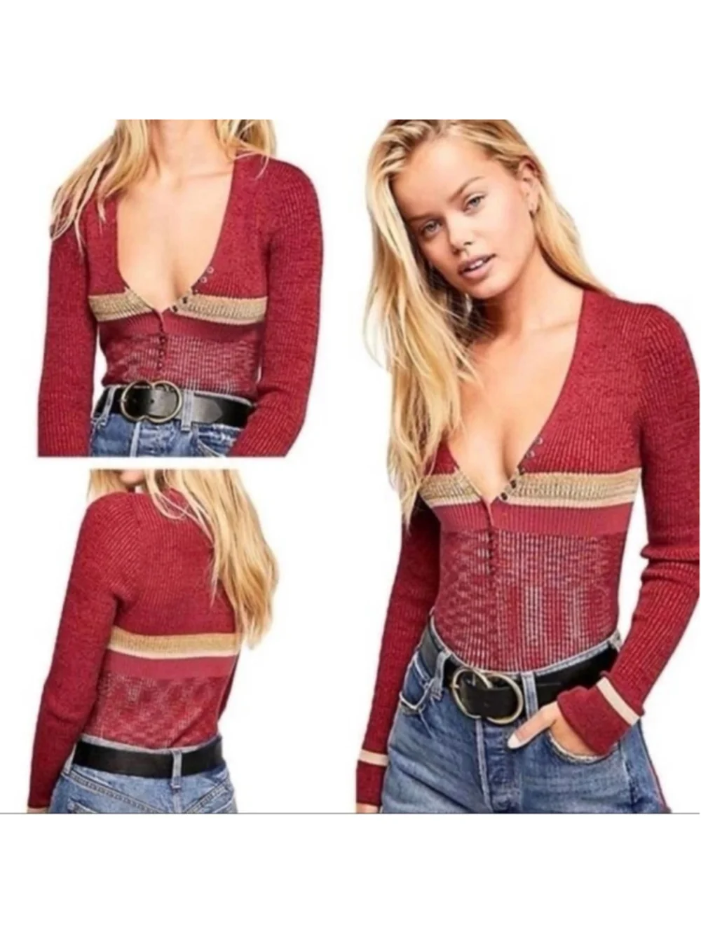 Free People Frenquency Henley V Neck Sweater Medium NWT